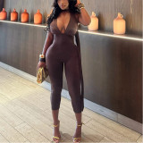 V-neck Strappy Solid Color Jumpsuit