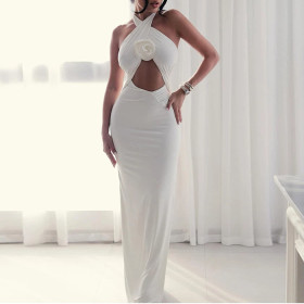 Slit Pleated Backpack Hip Skirt Cross Halter Neck Solid Color Long Dress