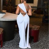 Pleated Slope Neck One-shoulder Solid Color Long Dress