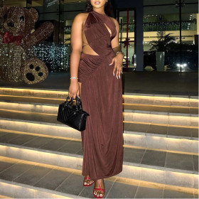 Backless Slit Irregular Skirt High Neck Long Dress