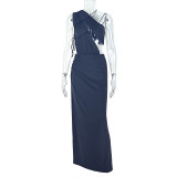 Backless Slit Irregular Skirt High Neck Long Dress