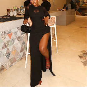 Slit Solid Color Slightly See-through Hip Skirt Round Neck Long Sleeve Dress