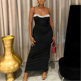 Stitched Backpack Hip Skirt Pleated Contrast Color Suspender Long Dress