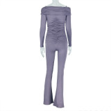 Casual Solid Color Pleated Long Raglan Long Sleeve Tube Top Jumpsuit