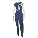 Solid Color Leggings Long Jumpsuit with Straps and Hollow Metal Rings