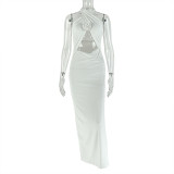 Slit Pleated Backpack Hip Skirt Cross Halter Neck Solid Color Long Dress