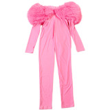 One-shoulder Furry Patchwork Sexy Navel-baring Long-sleeved Jumpsuit