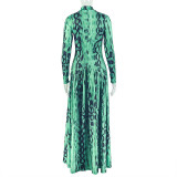 Pleated A-line Skirt with High Neck and Long Sleeves Printed Waist Dress
