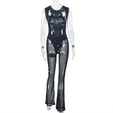 Round Neck Slightly See-through Mesh Solid Color Backless Long Jumpsuit