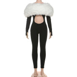 One-shoulder Furry Patchwork Sexy Navel-baring Long-sleeved Jumpsuit
