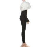One-shoulder Furry Patchwork Sexy Navel-baring Long-sleeved Jumpsuit