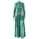 Pleated A-line Skirt with High Neck and Long Sleeves Printed Waist Dress