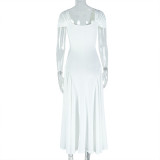 Solid Color Pleated A-line Skirt V-neck Short-sleeved Slim Backless Long Dress