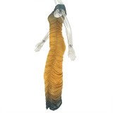 Colorblock Pleated Hip-hugging Skirt One-step Collar Gradient One-step Dress
