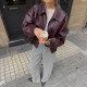 Lapel Zipper Solid Color Casual PU Imitation Leather Splicing Long-sleeved Jacket