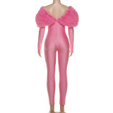 One-shoulder Furry Patchwork Sexy Navel-baring Long-sleeved Jumpsuit