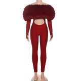 One-shoulder Furry Patchwork Sexy Navel-baring Long-sleeved Jumpsuit
