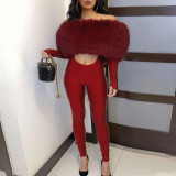One-shoulder Furry Patchwork Sexy Navel-baring Long-sleeved Jumpsuit