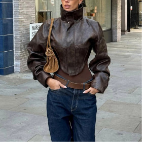 High Collar Solid Color Zipper Short Pu Leather Jacket
