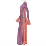 Hip-hugging Irregular Skirt Round Neck Pleated Long-sleeved Dress