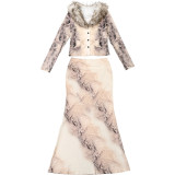 V-neck Fur Collar Long-sleeved Cardigan High Waist Hip Skirt Suit