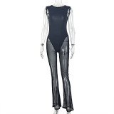 Round Neck Slightly See-through Mesh Solid Color Backless Long Jumpsuit
