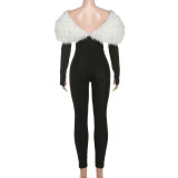 One-shoulder Furry Patchwork Sexy Navel-baring Long-sleeved Jumpsuit