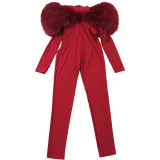 One-shoulder Furry Patchwork Sexy Navel-baring Long-sleeved Jumpsuit
