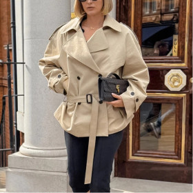 Long Sleeve Lapel Strapped Long Windbreaker Jacket