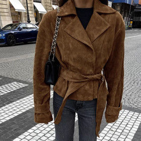 French Suede Suit Collar Casual Double-breasted Jacket