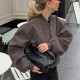 Retro Gray Suede Knitted V-neck Fashionable Long-sleeved Loose Coat Jacket Outerwear