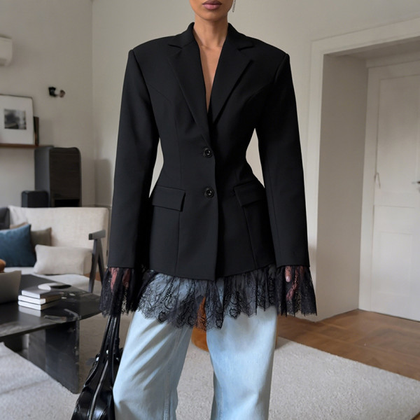 Black Blazer Lace Patchwork Long-sleeved Top