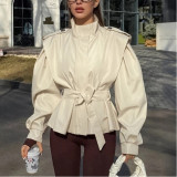 Windbreaker Jacket with Waist Tie Lapel and Long Sleeves