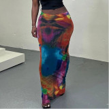 Casual Printed Midriff-baring Slim Fit Hip-covering Long Skirt