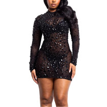 See-through Mesh Rhinestone Dress and Short Skirt