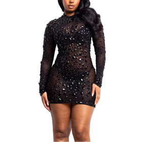 See-through Mesh Rhinestone Dress and Short Skirt