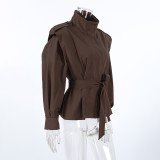 Windbreaker Jacket with Waist Tie Lapel and Long Sleeves
