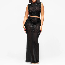 Two-piece See-through Mesh Long Skirt with Rhinestones