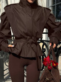 Windbreaker Jacket with Waist Tie Lapel and Long Sleeves