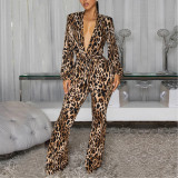 Deep V Leopard Print Comfort Jumpsuit