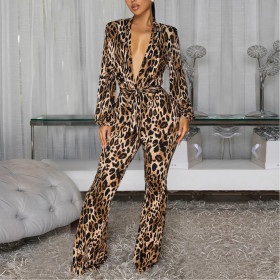 Deep V Leopard Print Comfort Jumpsuit