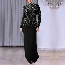 Elegant Long-sleeved Beaded and Rhinestoned Arm-length Dress