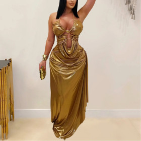 Halterneck Gold Chain Pleated Arm-wrapped Dress