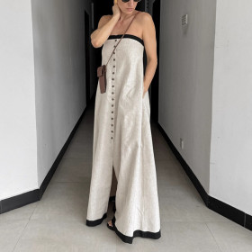 Stitched Contrast Color Suspender Dress for Women Strapless Tube Top Long Dress