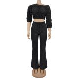 Casual Off-shoulder Long-sleeved Top and Trousers Two-piece Set