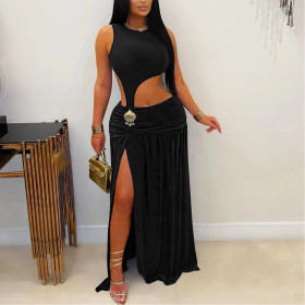 Solid Color Sleeveless Midriff-baring Slit Dress