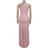 Temperament Slanted Shoulder Sexy See-through Solid Color Dress