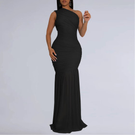 Temperament Slanted Shoulder Sexy See-through Solid Color Dress