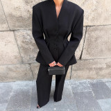 Two-piece Long-sleeved V-neck Pleated Waist Suit