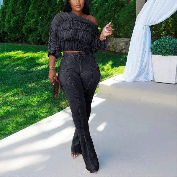 Casual Off-shoulder Long-sleeved Top and Trousers Two-piece Set